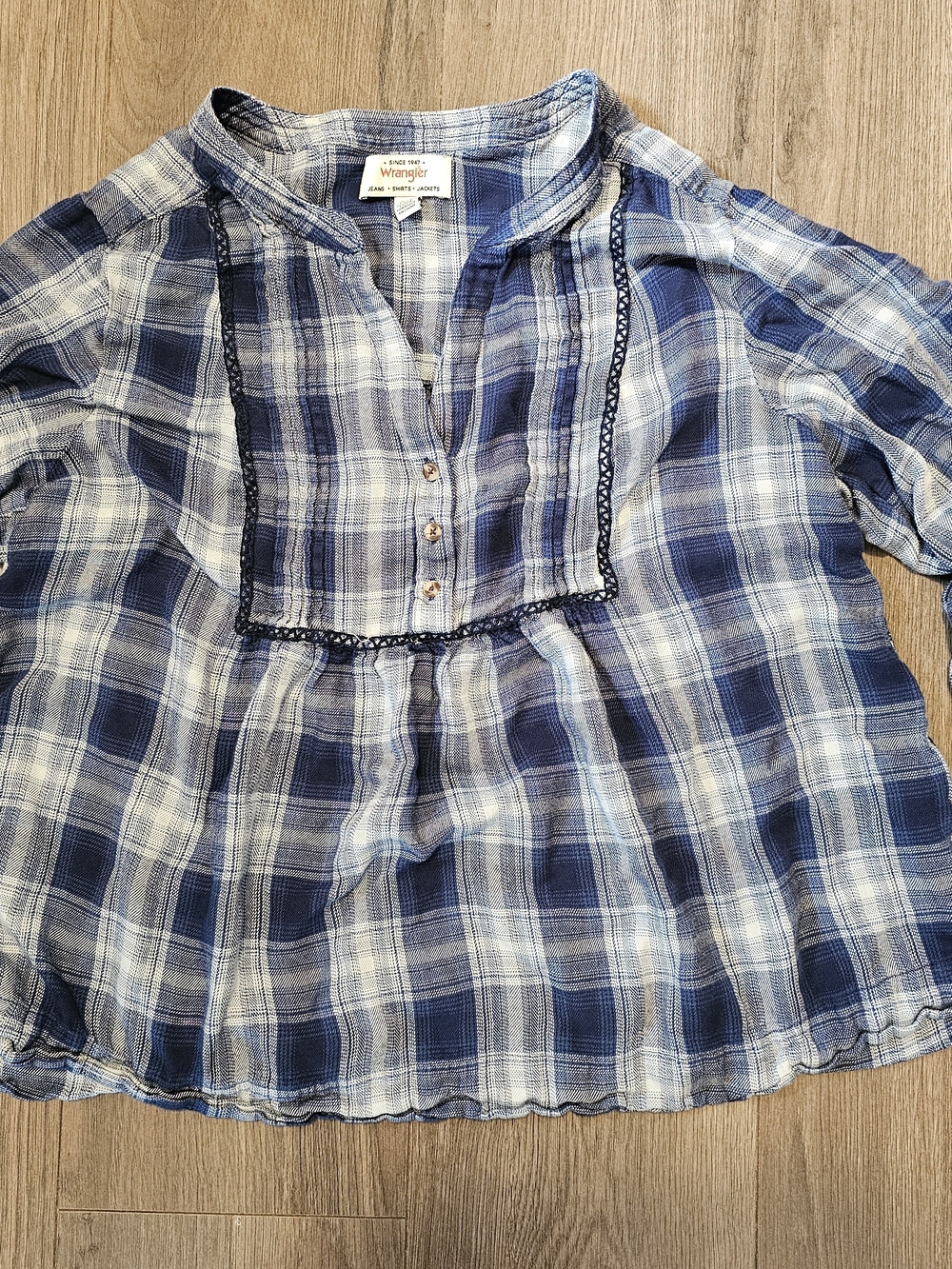 Wrangler Blue Plaid Button-Front Peasant Top - Women's Size Large